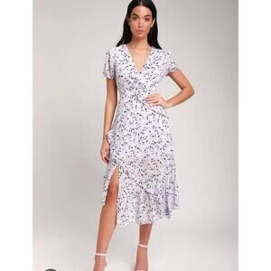 Lulus Dress Womens Size M Lilac Purple Floral Print Ruffle VNeck Short Sleeve